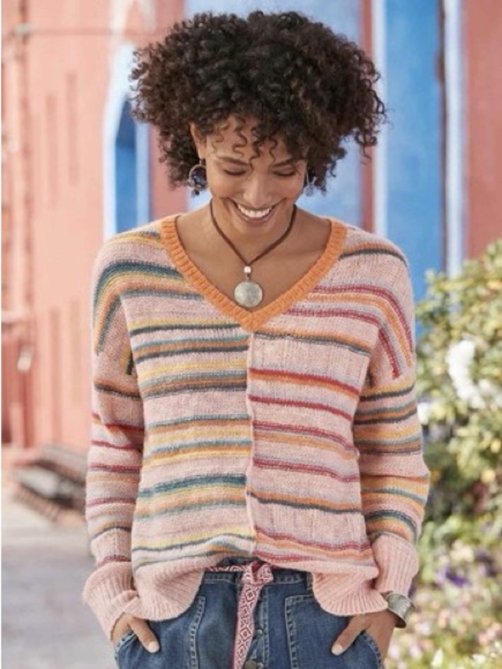 Sundance Symphony Stripes V-Neck Sweater with Multicolor Accents